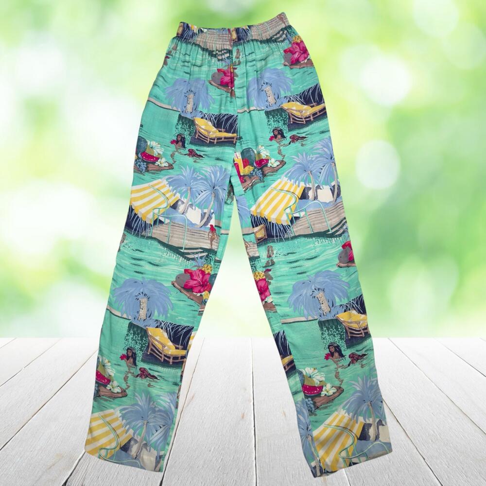 Vtg KAREN KANE Tropical Print Pants Surfer Girl Beach Resort Pull On Rayon Sz 8